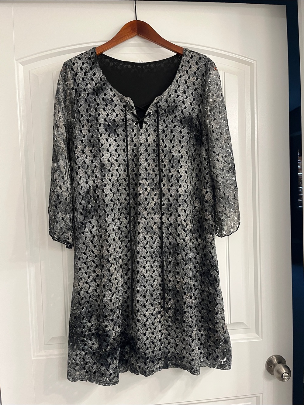 Source Unknown Silver and Black Lace Midi Dress with Front Tie
